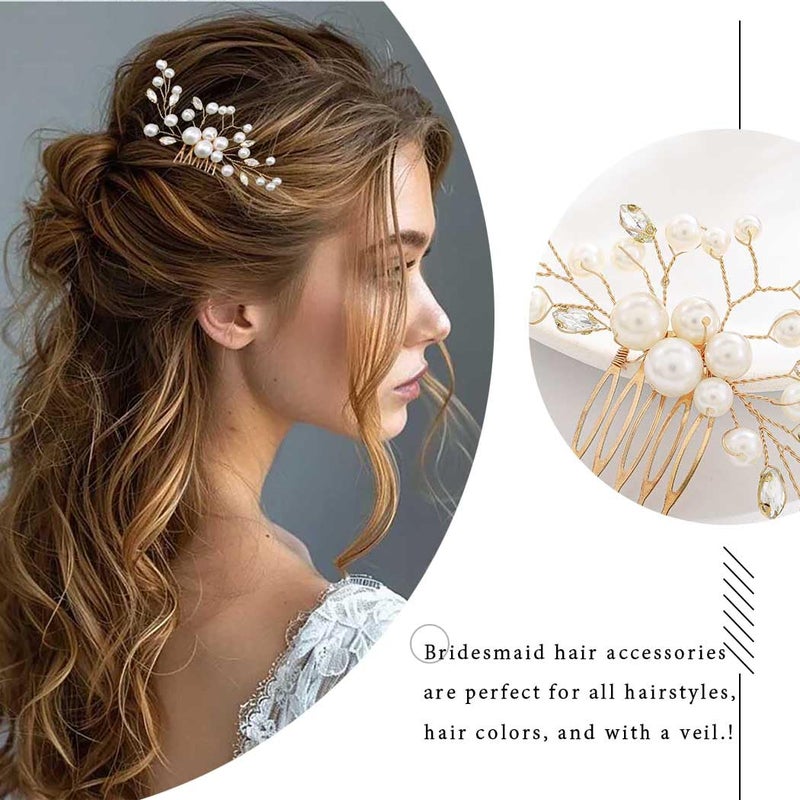 Foyte Wedding Pearl Hair Comb Bridal Rhinestone Headpieces Crystal Hair Piece Bridesmaid Hair Accessories for Women and Brides (Gold) - Image 3